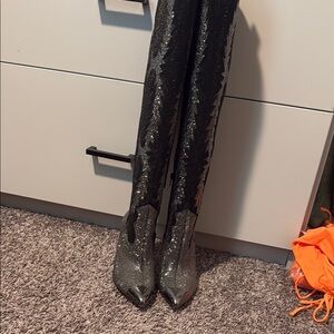 Gianni Bini Black and Silver Over the Knee Boots